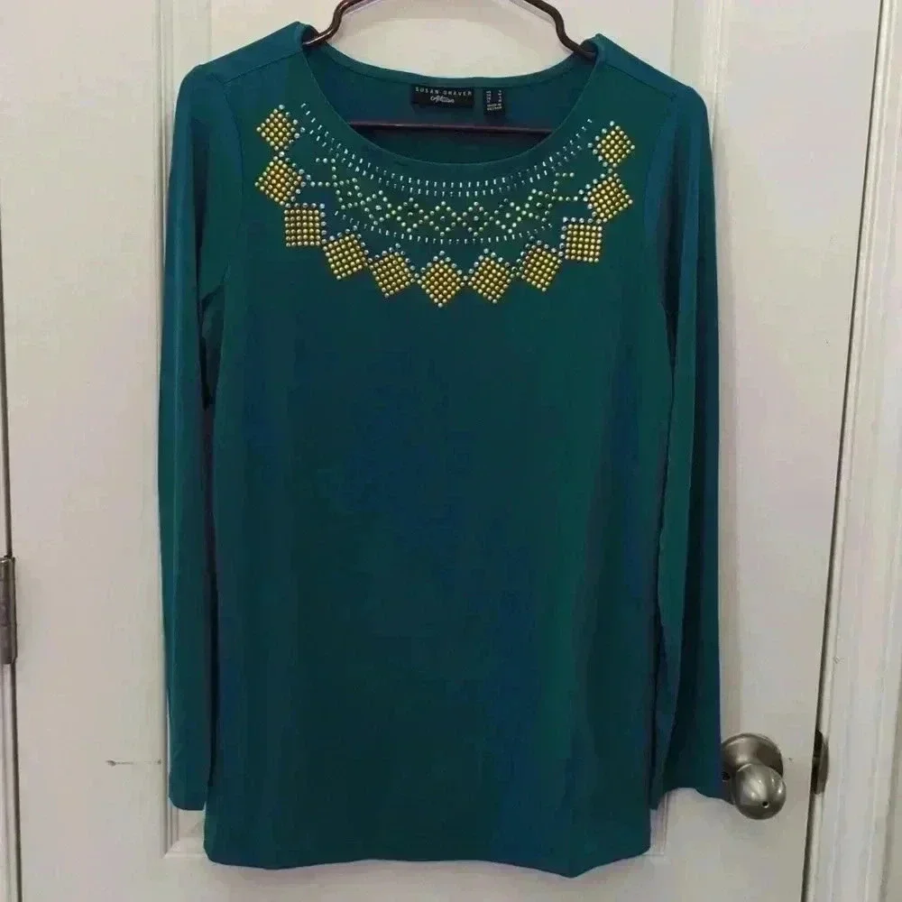Susan Graver Artisan Liquid Knit Embellished Long-Sleeve Top